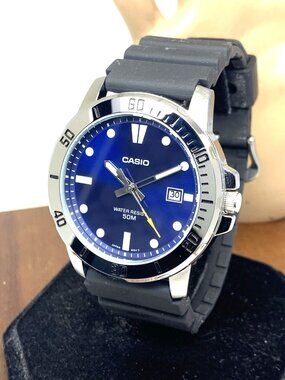 Casio Men's Watch MTP-VD01 Quartz Analog Blue Dial Black Rubber Strap 5058 43mm